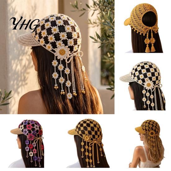 Hand Crocheted Floral Cap Sunflower Baseball Cap, Bohemian Tassel Bell Hat, Handmade Knit Cutout Spring Summer Fashion Beanie Caps, Colored