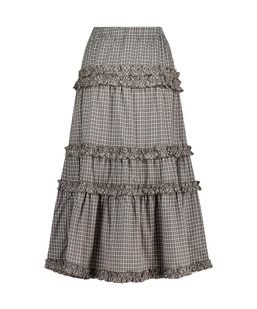 Iligo Buckle Frill Long Skirt Check Beige