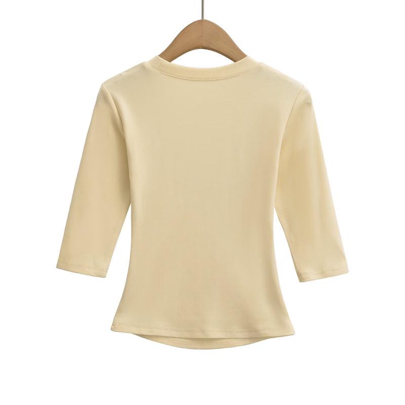 Women's Spicy Girl Deep U-Neck Sexy T-Shirt: Summer Slim-Fit, Elastic Mid-Sleeve, Pure Desire Top