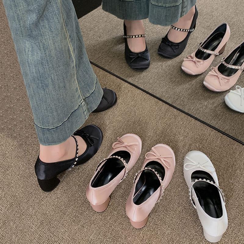 European Princess Style Bow Round Head Rhinestone Single Shoes Spring and Autumn New Daily Design Sense Word with Mary Jane Shoes