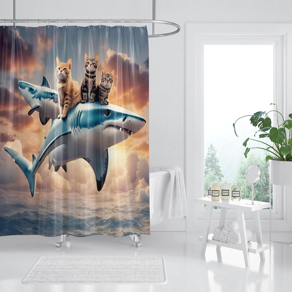 Funny Cat Shower Curtain, Dinosaur Cat Dog Animal Shark Funny Ocean Coral Goldfish Bathtub Bubbles Kids Cartoon Bathroom Decor
