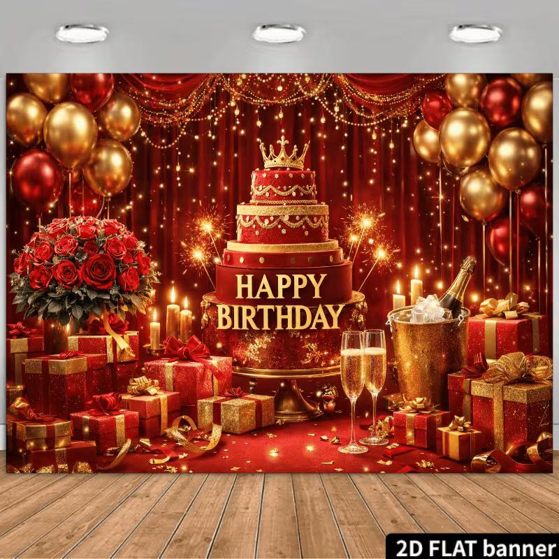 

2D Red Gold Luxury Birthday Party Backdrop, Red Rose & Champagne Photo Booth Background 47.2x31.5inch/120*80cm