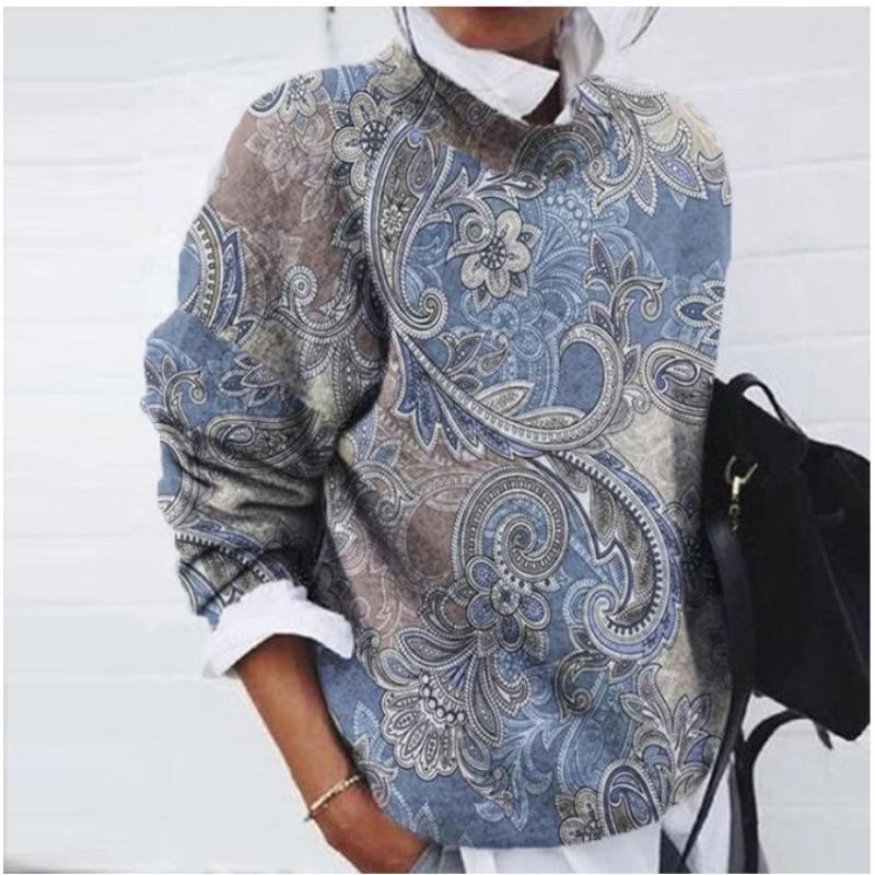 Women's Fashion Casual Spring Autumn Flower Pattern Print Long Sleeve O-Neck Blouses & Shirts