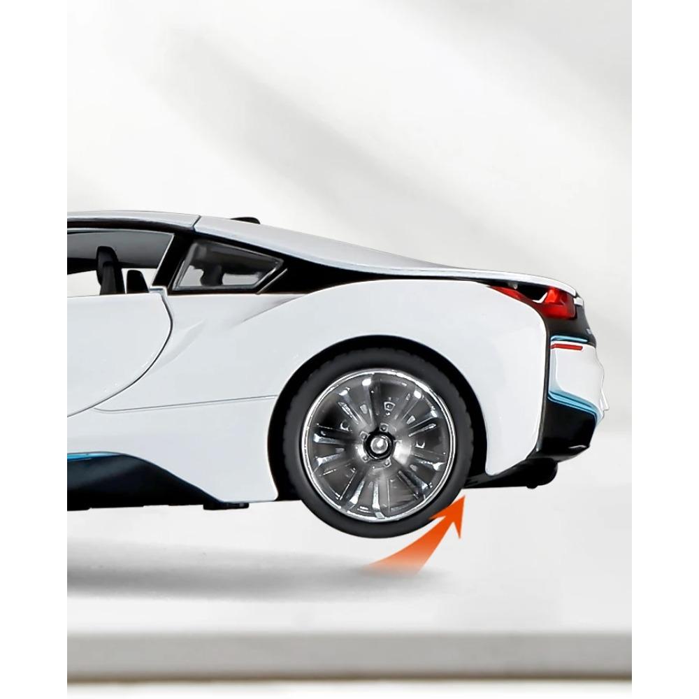 1/24 BMW I8 Supercar Legierungsauto Die-Cast & Spielzeugfahrzeuge Automodell Sound und Licht Pull-Back Auto Spielzeug für Kinder Geschenke