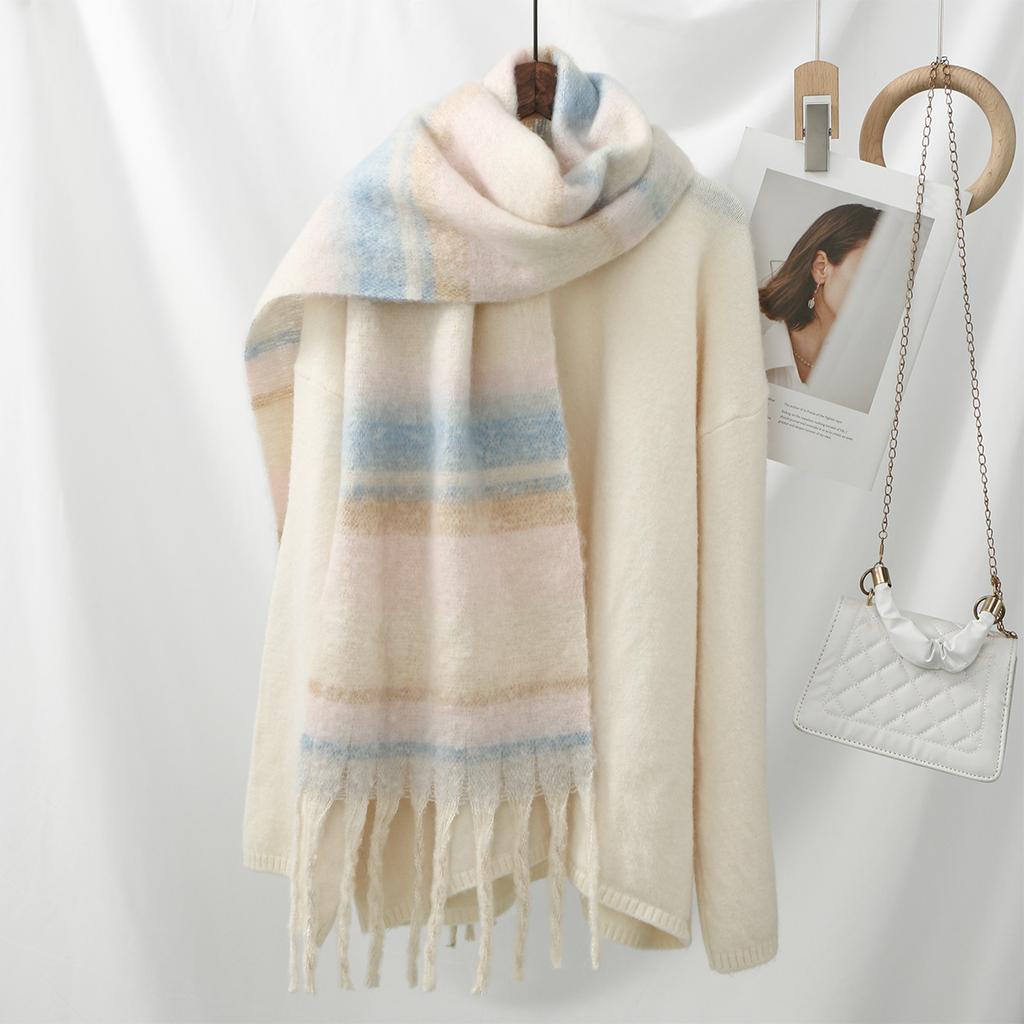 Korean Fringe Plaid Cashmere Scarf Shawl Women Warm Thick Mohair Scarf Pashmina Fashionable Soft Tassel Scarf Neck Protection