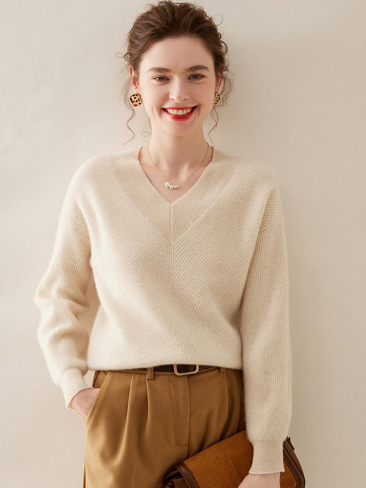 Women's V-neck Pure Cashmere Ribbed Stitch Loose Sweater - Autumn/Winter Thick, Skin-friendly Base Layer