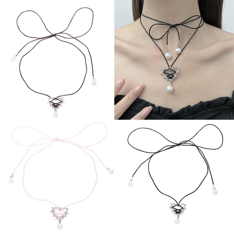 Fashion Thorn Heart Pendant Necklace Sweet Cool Clavicle Chain Lace Up Choker Simple Cord Neck Chain Party Jewelry