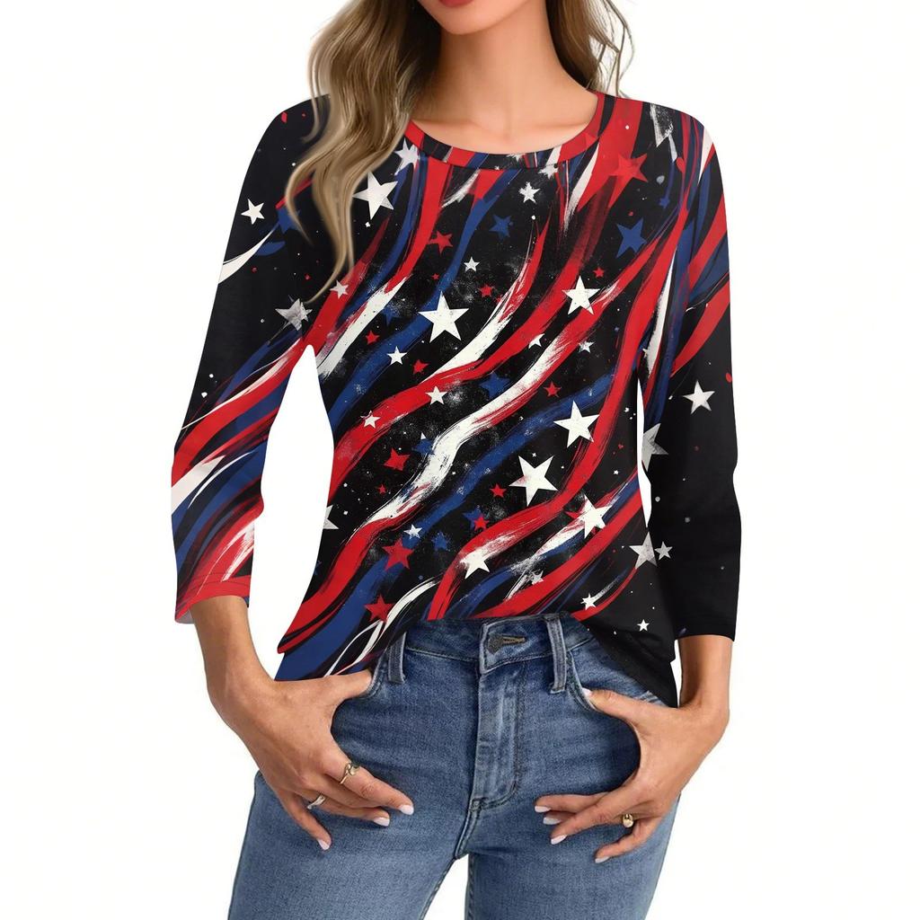Women’s Long Sleeve Crewneck Top with Printed Star and Stripe Pattern Casual Loose Fit Pullover Shirt for Everyday Wear