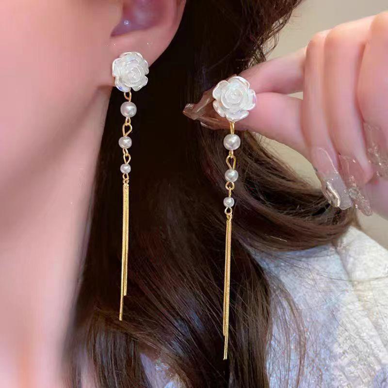Elegant French Vintage Camellia Pearl Fringe Long Dangle Earrings Delicate Forest Jewelry