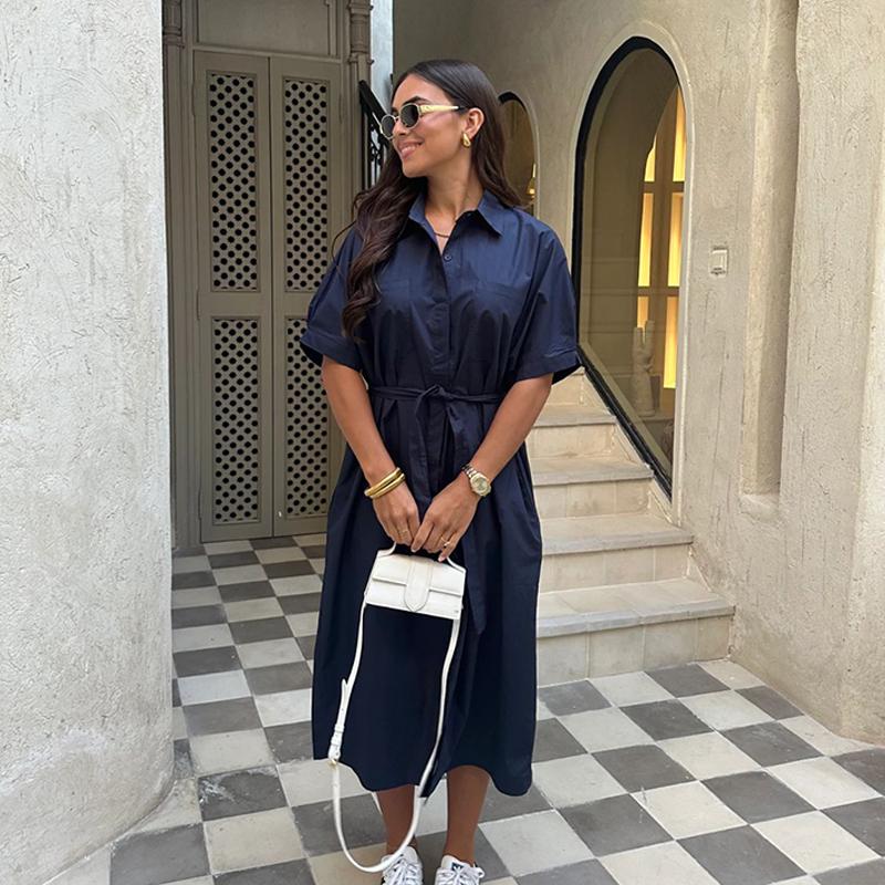 Casual Women's Lace Up Dress Single-Breasted Turn-Down Collar Short Sleeve Lady Dresses Loose Female Robe