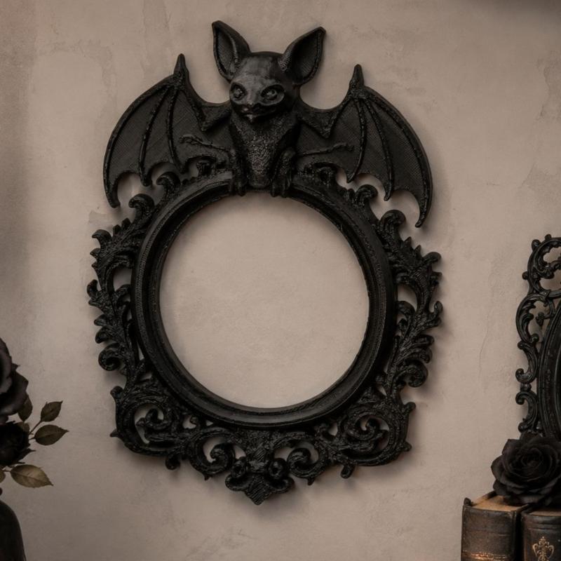 Halloween Bat Design Wall Art Frame In Black Carving Hanging Hollowed Oval Frame For Gothic Styles Interior Decors, Party Ornament