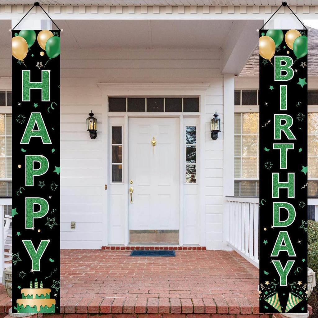 Green Birthday Door Banner Decorations for Women Men, Green Black Gold Happy Birthday Porch Sign Party Supplies, 16th 18th 21st 30th 40th 50th 60th
