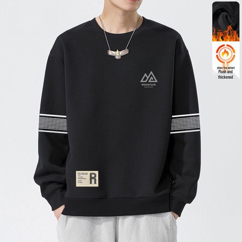 Men's Autumn & Winter Versatile Loose Hoodie with Round Neck, Plus Velvet Style, Trendy Casual Pullover Base Layer T-Shirt