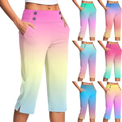Calças Femininas da Moda Gradiente Botão Bolso Fenda Cintura Alta Esportivas Yoga Casual Calças Cropped