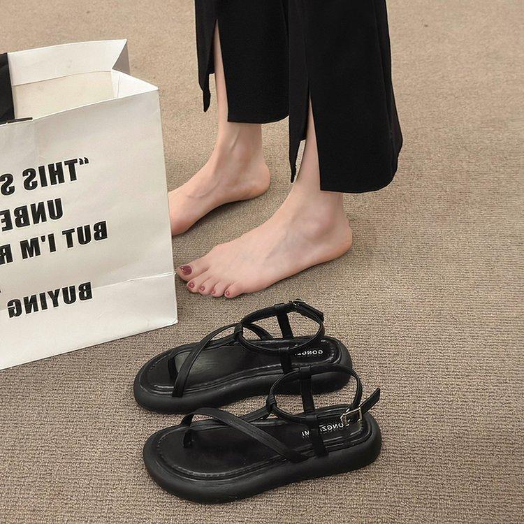 Fairy Style Flat-bottomed Fashion Set-toed Roman Sandals Women's 2025 Spring and Summer New Cross-pinched Soft-soled Beach Shoes