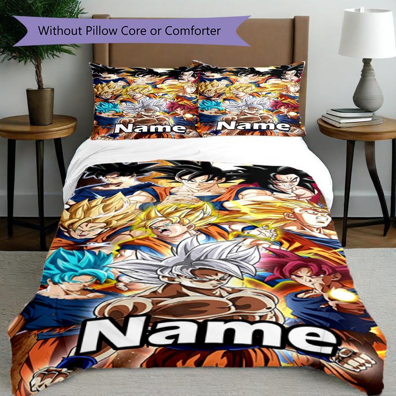 3pcs Duvet Cover Set (1*Duvet Cover + 2*Pillowcase, Without Core), Custom Name DRAGON BALL Pattern Bedding Set, Home Bedroom Decor Gift