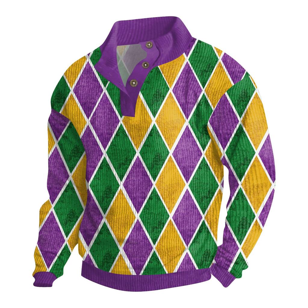 Men's Cotton Pullover Long Sleeve Outdoor Shirt Vintage Corduroy Button Stand Collar Shirt Casual Sweatshirt Print Top