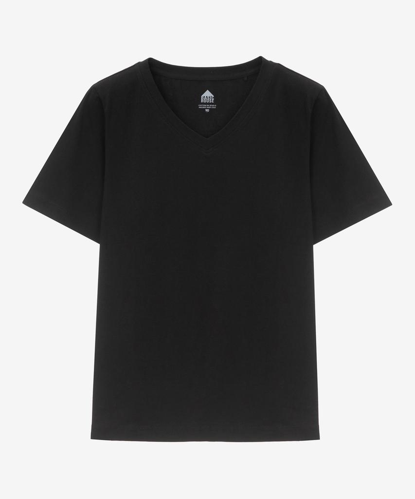 BASIC HOUSE Women'S V-Neck Stretch Slim Fit Short Sleeve T-Shirt Black Lats0204 (A Type)