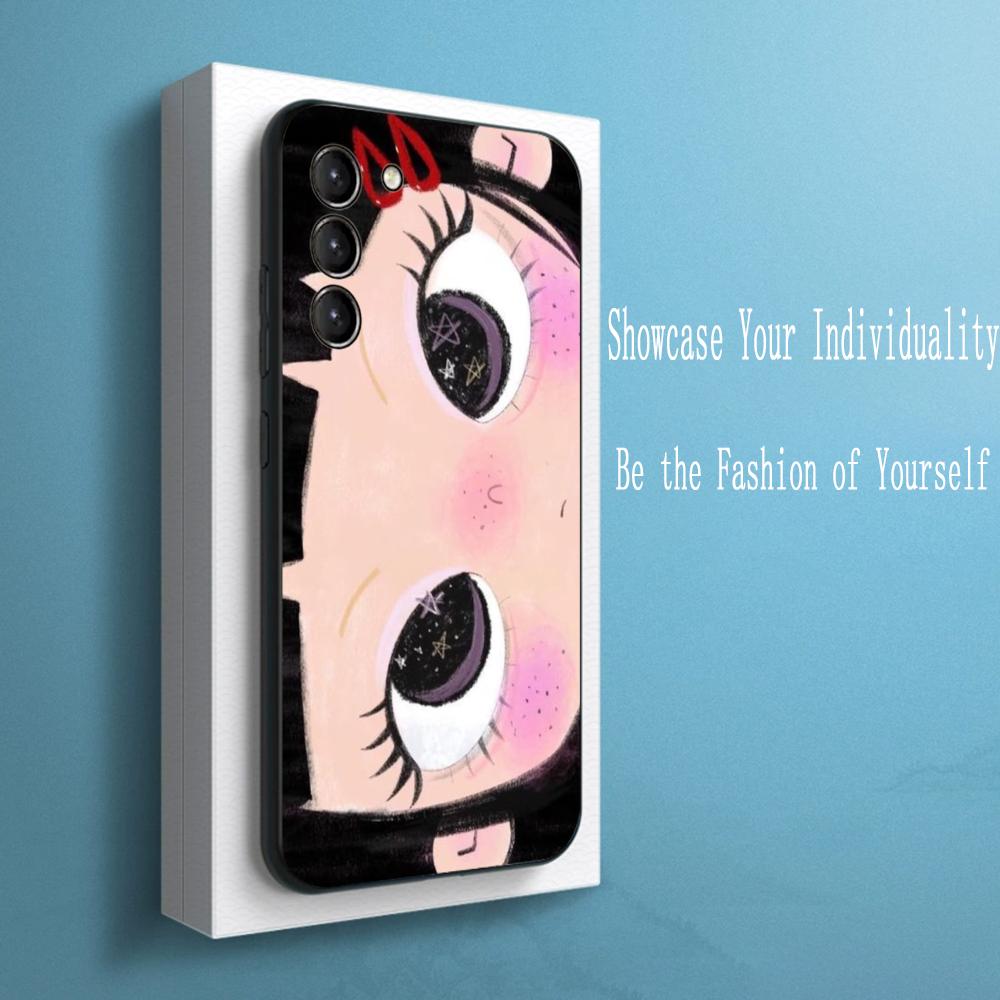 Cute Girl Cartoon Big Eye Design Phone Case For Samsung Galaxy S26 S25 S24 S23 S22 S21 Plus Ultra Note20 Soft Black