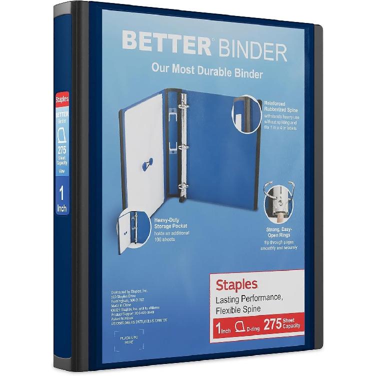 Синий скоросшиватель Staples Better на 1 дюйм с 3 кольцами и прозрачным карманом