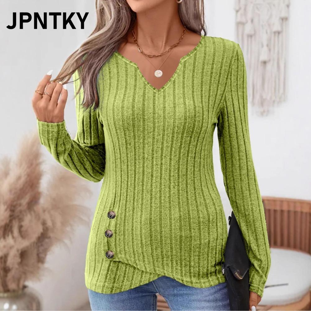 JPNTKY Women's Fashion Casual Solid Color Print Long Sleeve V Neck Blouses & Shirts