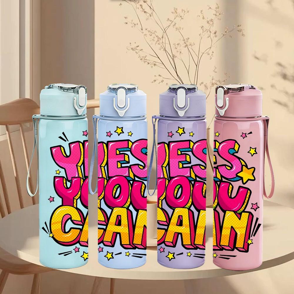 1PC Yes You Can Bright Pop Slogan Lettering 750ml Color Plastic Sports Water Bottle Leakproof Flip Straw Lid Suitable for Sports Office Home Use