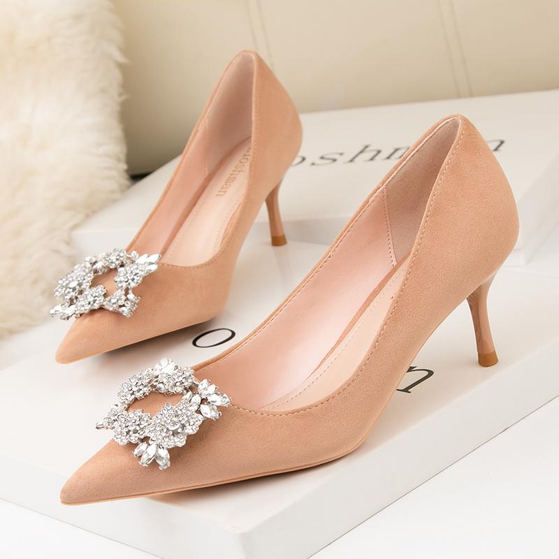 Spring Elegant Women Black Nude High Heels Pumps Designer Flock Leather Stiletto Heels Female Party Wedding Shoes