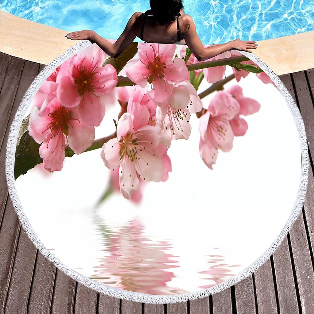 Peach Blossom Pattern Round Beach Towel, Microfiber Lightweight Beach Blanket, Soft Absorbent Quick Dry Pool Towel Picnic Mat