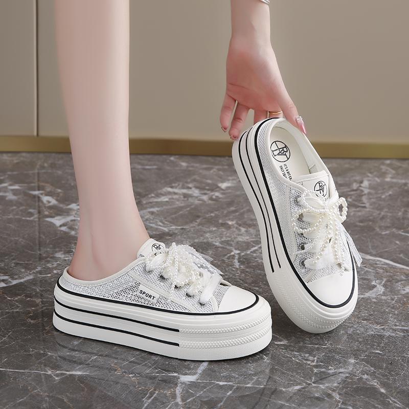 CRLAYDK Mesh Skate Shoes for Women Slip On Platform Casual Outdoor Slides Backless Walking Ladies Height Increase Tennis