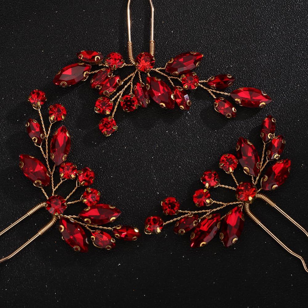 Teyglen 3pcs Crystal Bride Wedding Hair Pins Bridal Red Rhinestone Hair Pins Set Handmade Blue Black Red Crystal Hair Pieces Wedding Hair Accessories