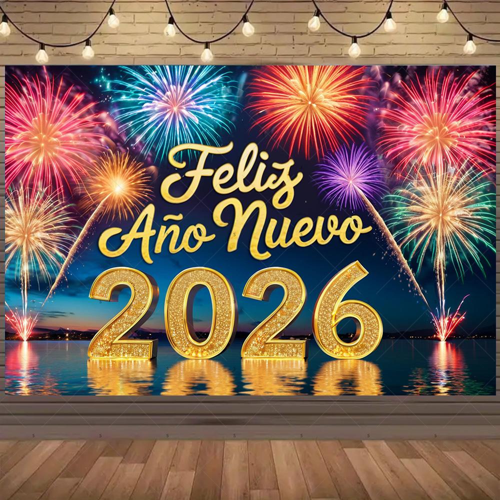 

Colorful Firework Balloon Backdrop 2026 Spain Happy New Year Background Banner Spaniard Family Party Decoration Photography Prop 120X90CM