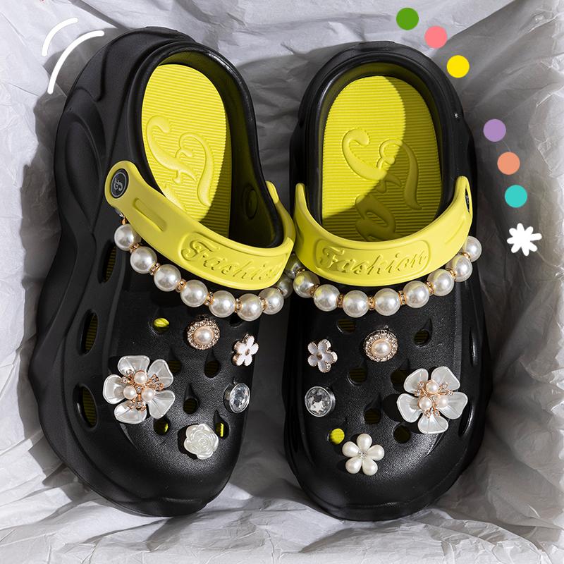 Pearl Chain Chunky Platform Sandals for Women Summer Thick Sole Beach Sandals Woman Flowers Non Slip EVA Clogs Garden Shoes