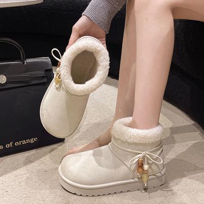 Süße Schleifendekoration Baumwolle Schneestiefel Damen 2025 Winter Warm Kurze Plüsch Knöchelstiefel Kunstfell Slipper Stiefeletten