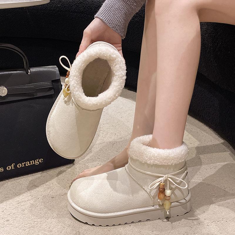 Fashion Sweet Bowknot Decoration Cotton Snow Boots Women 2025 Winter Warm Short Plush Ankle Boots Fashion Faux Fur Slip On Booties