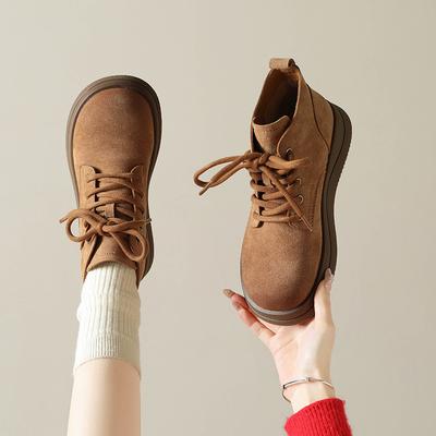 2026 New Autumn Women's Retro British Style Thick Soled Brown Short Boots with Increased Height