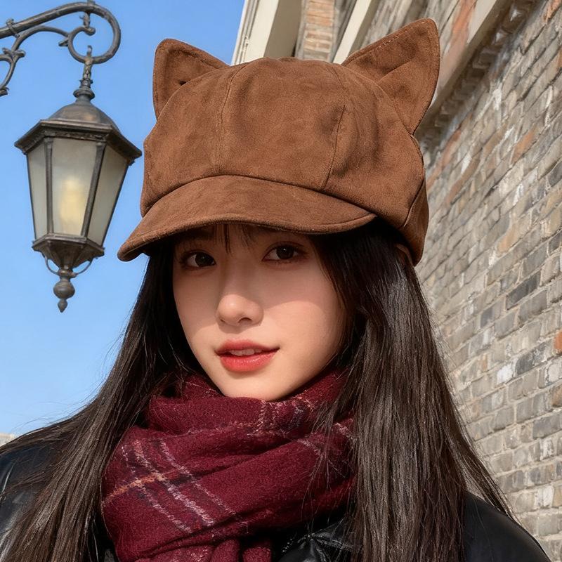 Autumn and Winter Suede Cat Ear Beret Women's Retro Face Showing Small Octagonal Hat Casual Versatile Trendy Painter Hat