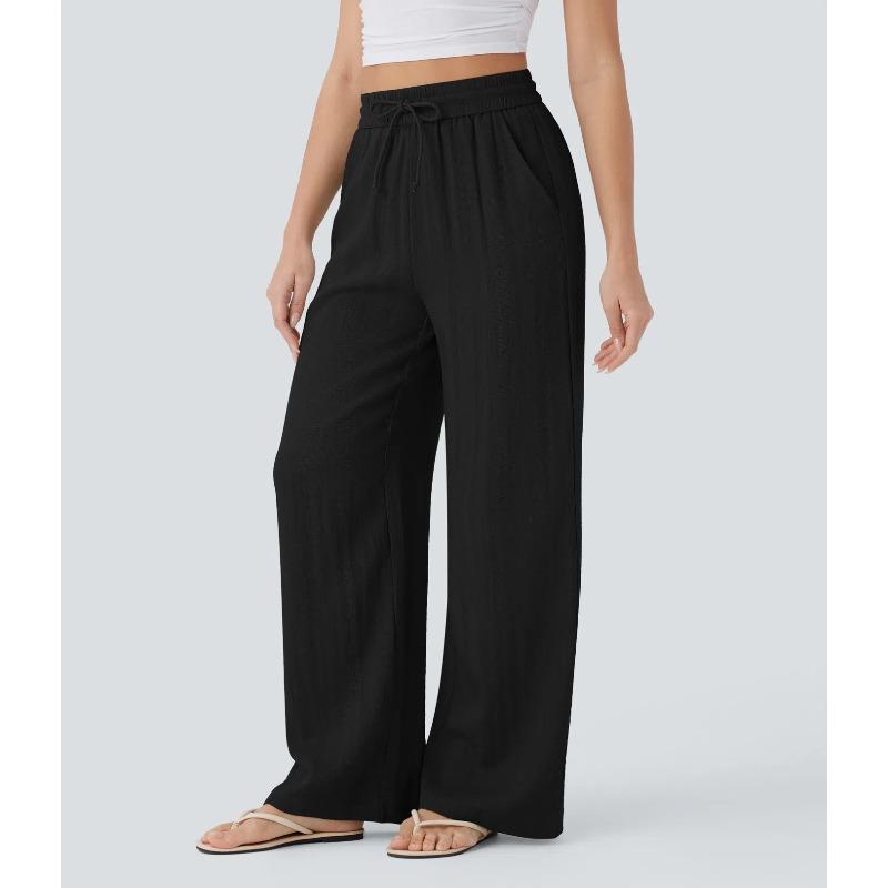 High Waist Drawstring Side Bag Wide Leg Casual Linen Pants Wide Leg Pants Elegant Wide Leg Beach Pants Elastic S чёрный