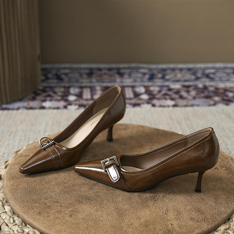 Versatile designer retro temperament belt buckle high heels women's pointed stiletto single shoes spring