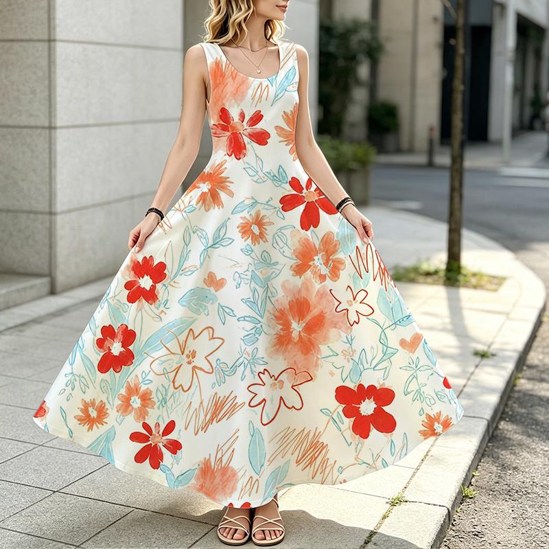 Women's Floral Sleeveless Maxi Dress Lightweight Flowy Vacation Outfit,Ideal for Summer Travel Photos,Casual & Versatile