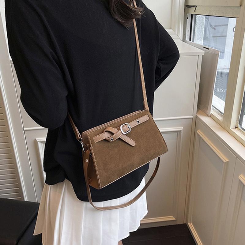 Yogodlns Retro Suede One Shoulder Bags for Women Early Autumn Square Frosted Solid Zipper Crossbody Bag Versatile Commute Handbags