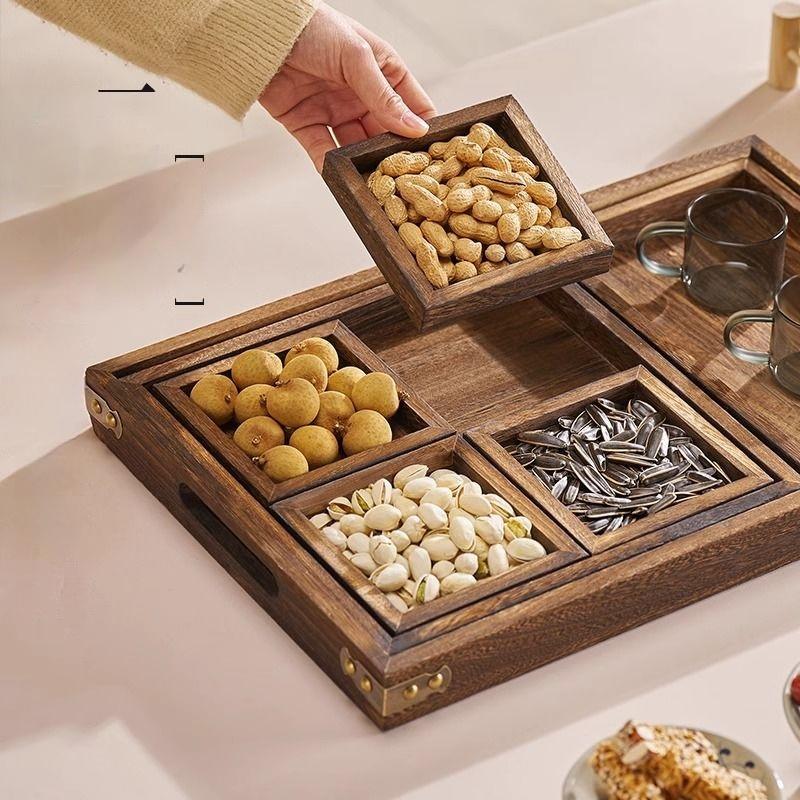 GIANXI Dry Fruit Tray Afternoon Tea Tray Snack Fruit Tray multi-lattice Tea Tray Stove Side Tea Chinese Wooden Tray