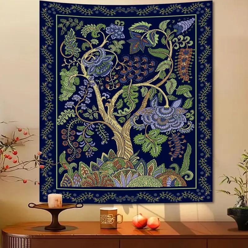 Tree of Life Tapestry, Boho Blue Floral Botanical Print Wall Hanging for Bedroom Dorm Living Room Home Decor 100X70CM