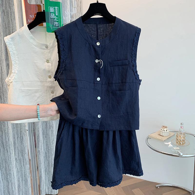 

Lightly Mature Pure Linen Vest & Shorts Set for Women – Summer Fashion XL темно-синий