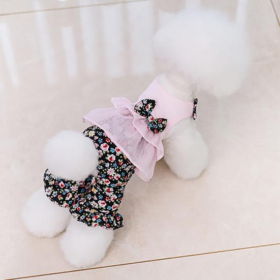 Dog Jumpsuit Round Neck Floral Printed Ruffles Hem Bowknot Romper Pet Dog Pet Supplies
