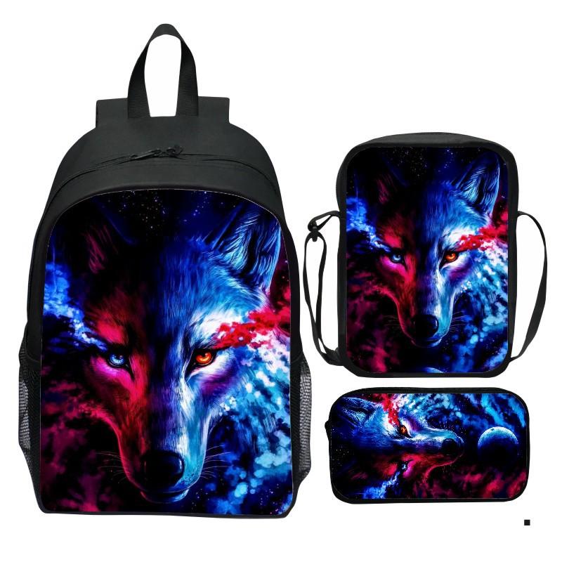 Bedruckter Universum Sternenhimmel Rucksack 3-teiliges Set Tier Wolf Löwe Rucksack Kleine Umhängetasche Federmäppchen