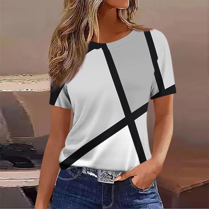 Letní dámské tričko s krátkým rukávem a kulatým výstřihem Volné ležérní 3D digitálně potištěné tričko pro ženy Košile