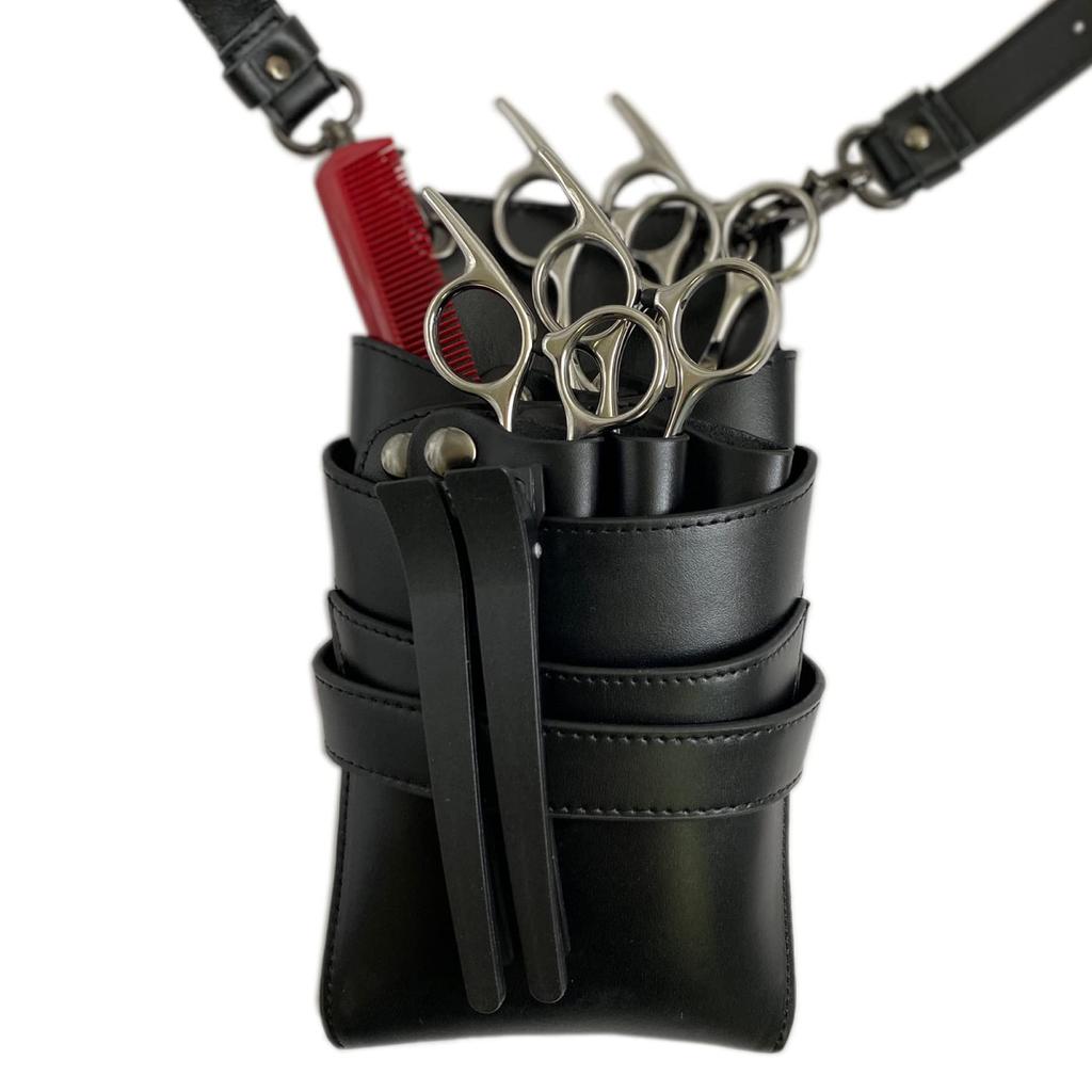 GLASS FROG Genuine Leather Scissor Scissor Holder with Removable Scissor for Hairdressers and Trimmers Case, 5-Slot Compartment, Black,