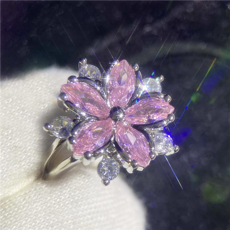 CC Pink Flower Rings For Women Silver Color Cubic Zirconia Luxury Princess Wedding Engagement Fine Jewelry Anel CC1688