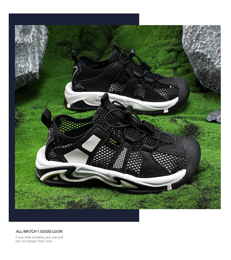 Letnie siatkowe sandały sportowe dla chłopców 2026: Miękka podeszwa, zamknięty czubek. Idealne dla średnich i dużych dzieci na plaży.