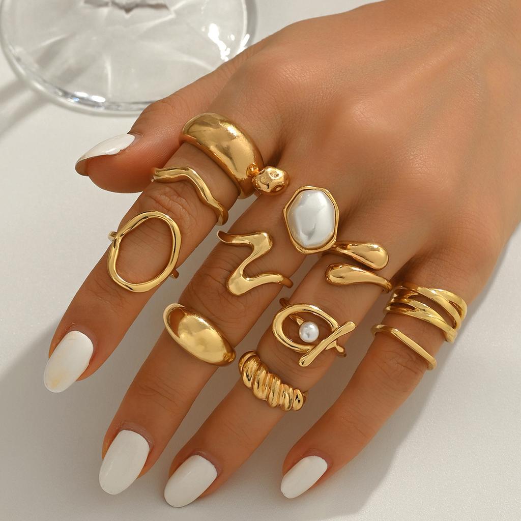 Wind Ladies Jewelry Geometric Ring Inlaid Pearl Design Ring Set Opening Adjustable Ring